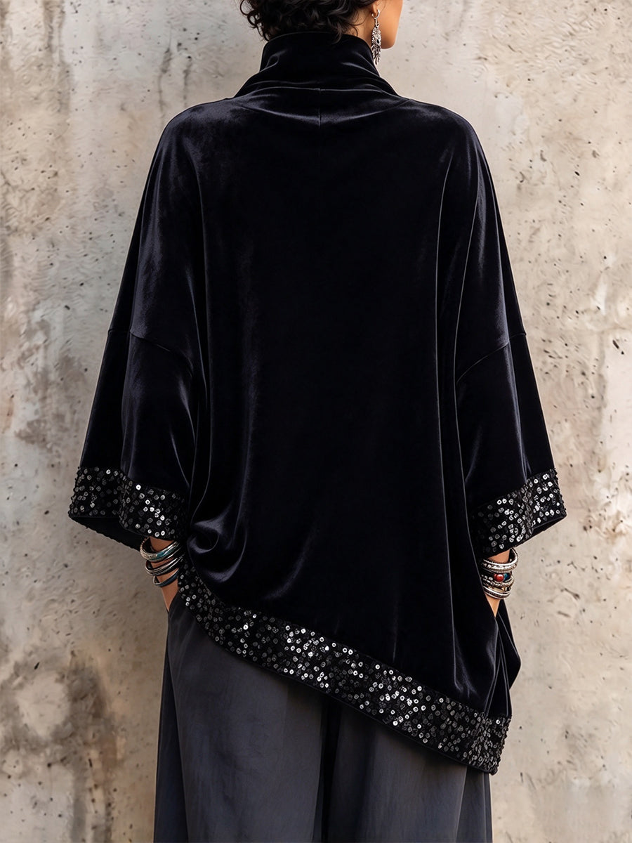 Luxurious Sequin-Trimmed Velvet Turtleneck Tunic