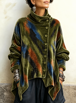 Women's Abstract Brushstroke Velvet Cowl Neck Top - Asymmetric Button Front Draped Tunic Blouse