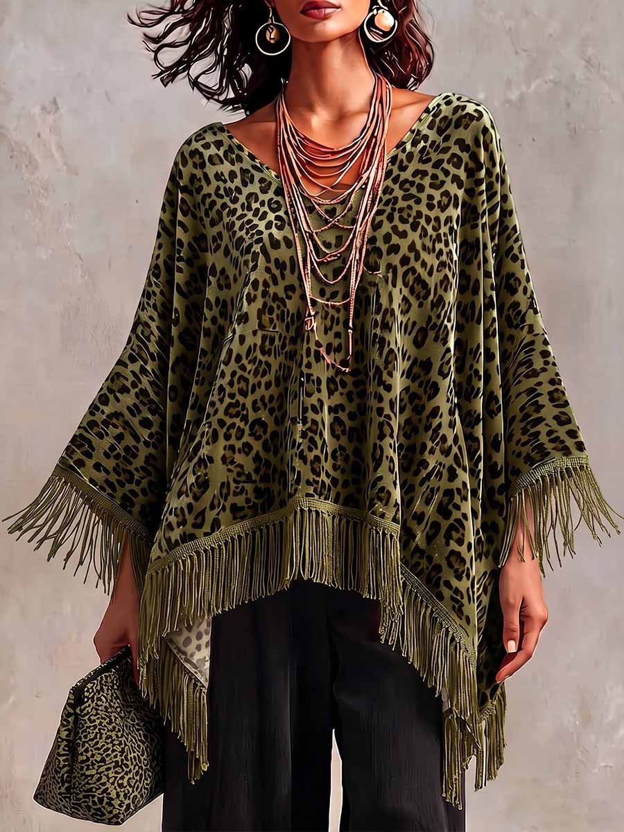 Women's Leopard Print V-neck Long-sleeve Loose-fit Batwing Velvet Top With Tassels