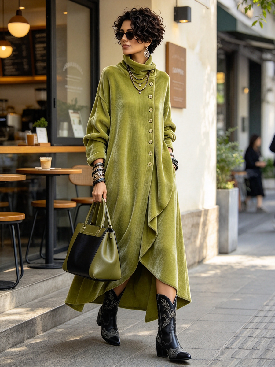 Artistic Asymmetric High Collar Velvet Maxi Dress