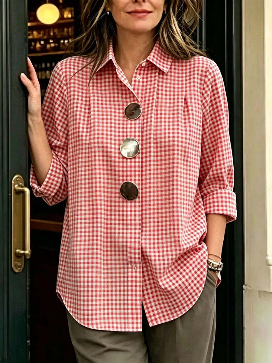 Retro Casual Plaid Cotton Shirt With Decorative Metal Buttons