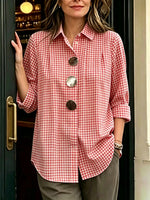 Retro Casual Plaid Cotton Shirt With Decorative Metal Buttons