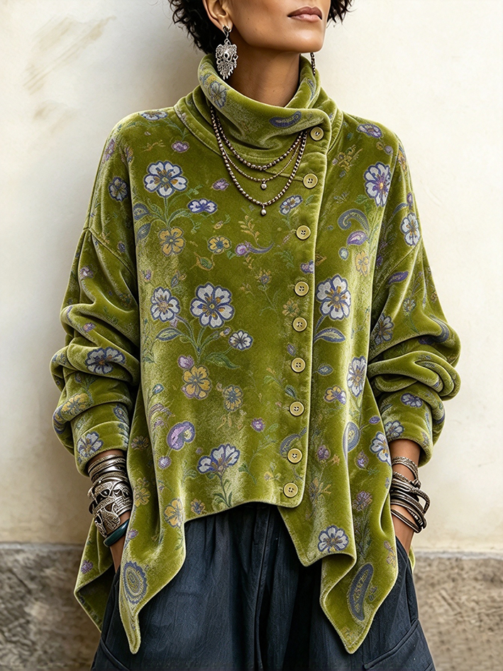 Elegant Floral Print Asymmetric Velvet Top