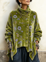 Elegant Floral Print Asymmetric Velvet Top