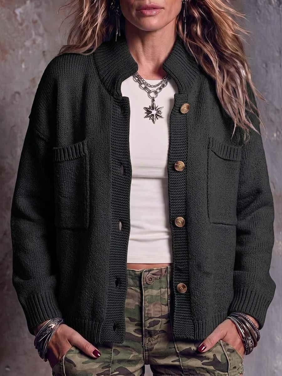Women's Solid Color Stand Collar Long Sleeve Casual Loose Knit Cardigan