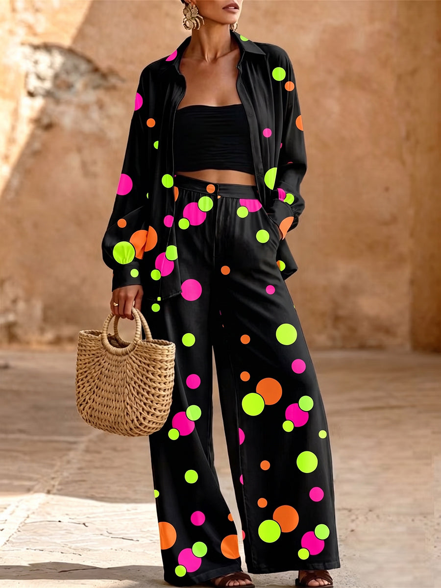 Vibrant Neon Polka Dot Print Linen Two-Piece Set