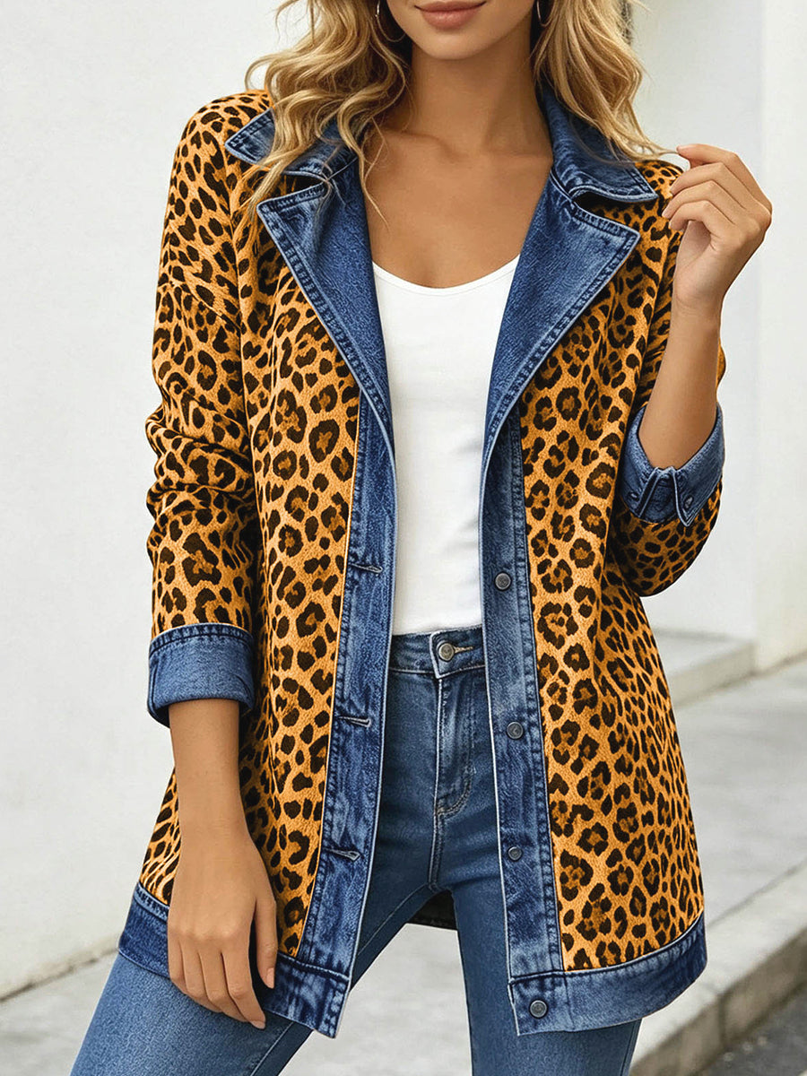 Chic Leopard Print and Denim Patchwork Jacket