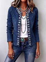 Elegant Rhinestone Trim Stretch Denim Jacket