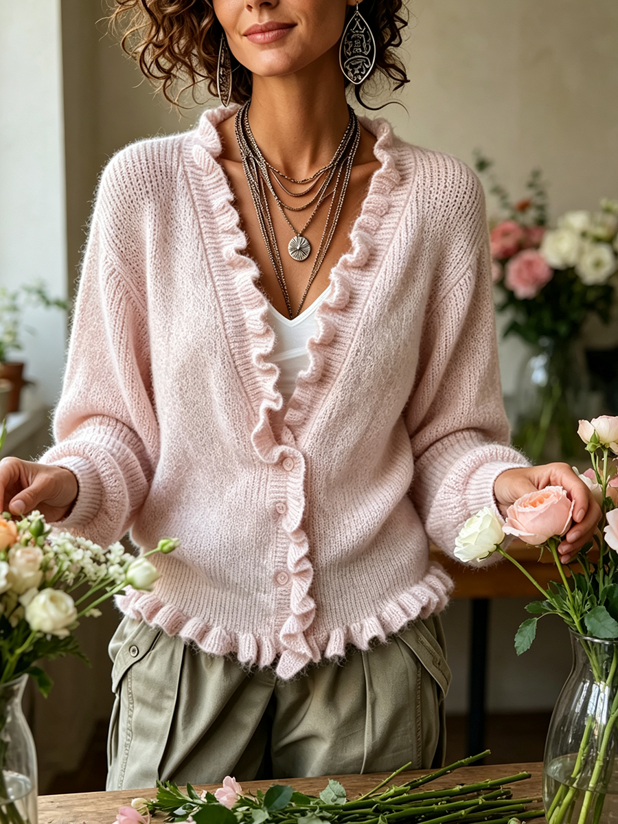 Cozy Soft Ruffled Trim Wool Blend Cardigan