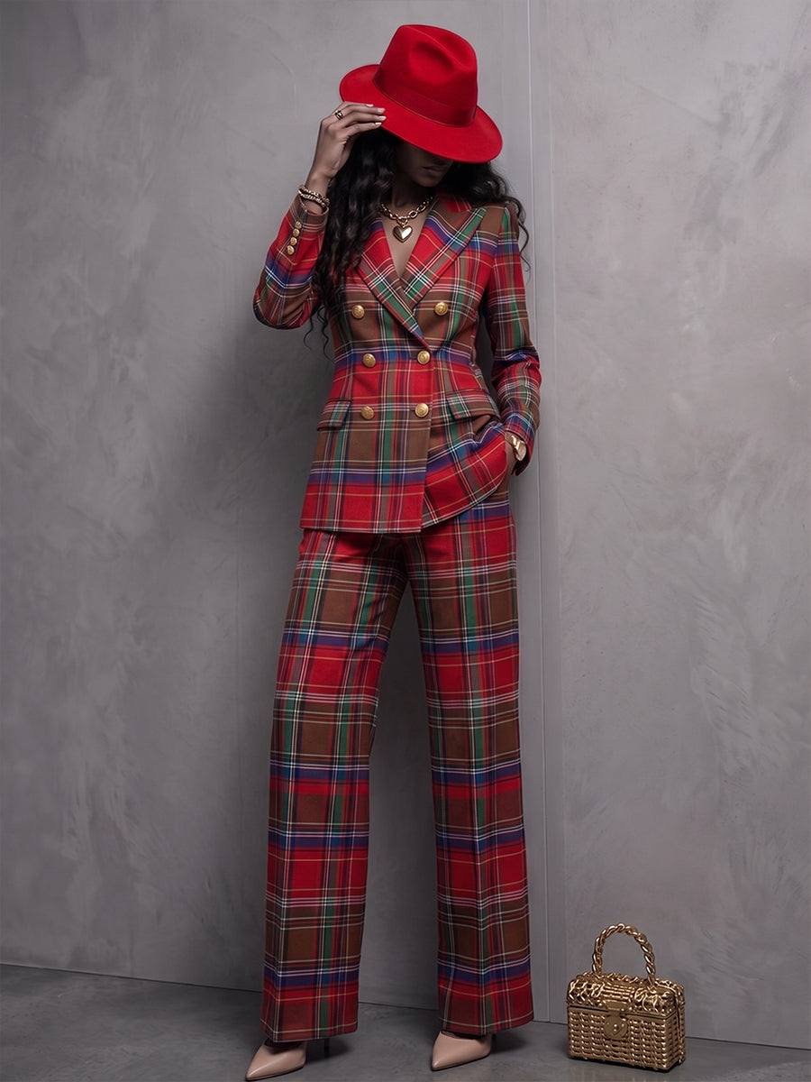 Classic Red Tartan Plaid Double-Breasted Blazer Jacket