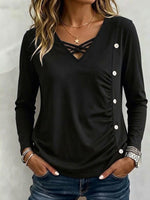 V-neck Crisscross Lace Side Button Ruched Long Sleeve Top