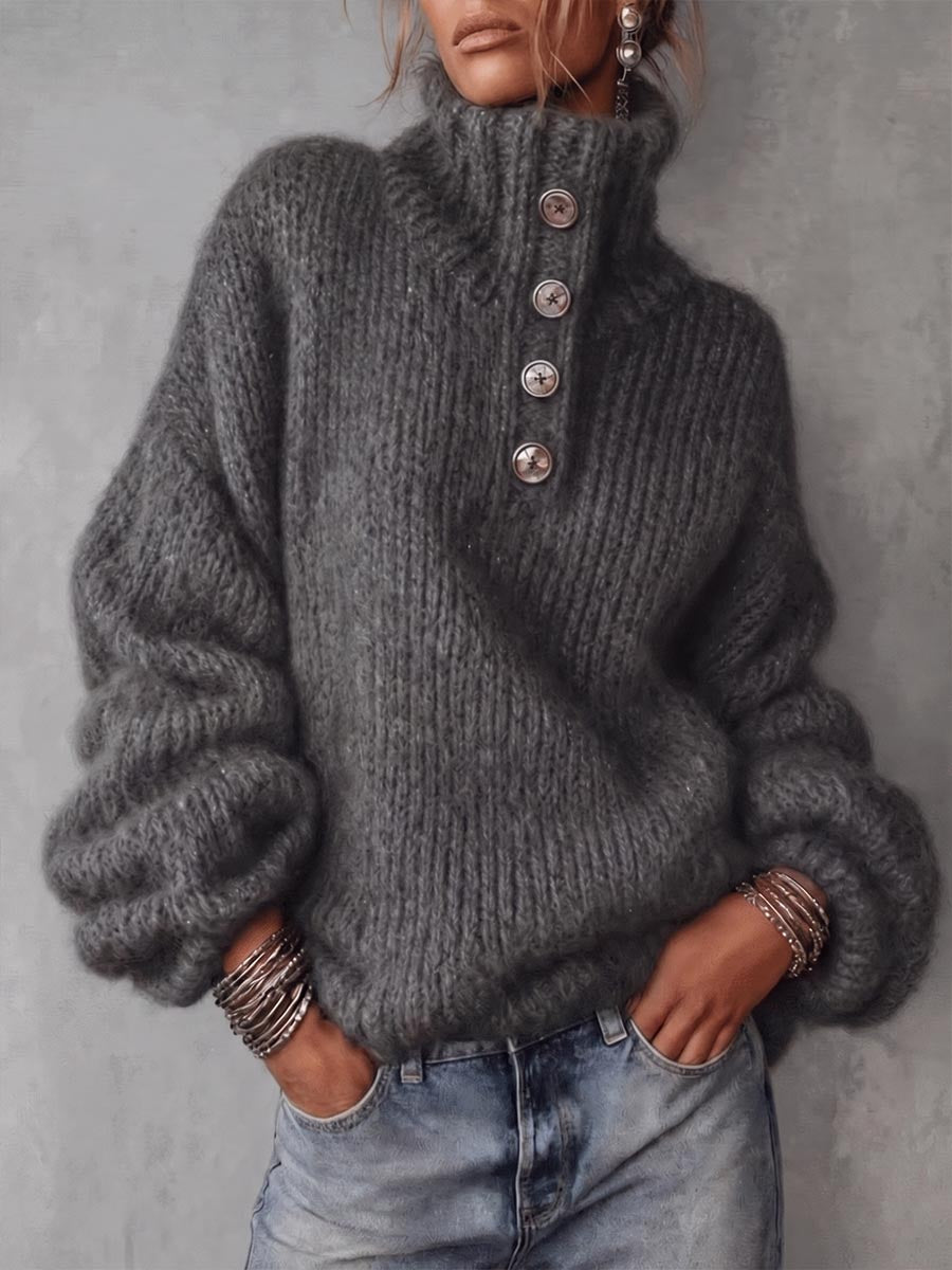 Women's Solid Color High-neck Long-sleeve Casual Loose Knit Pullover