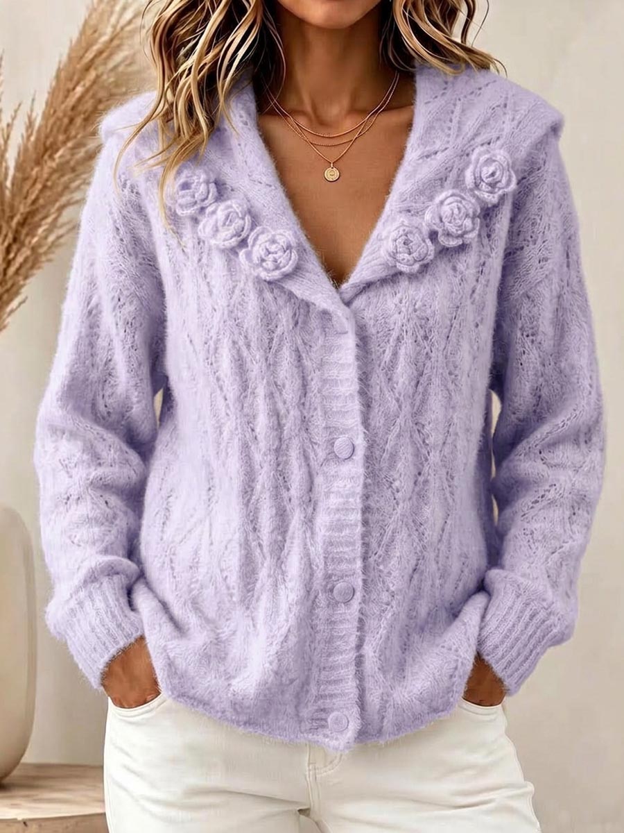 Women's Solid Color Sailor Collar Long-sleeve Casual Loose Textured Crochet Knit Cardigan