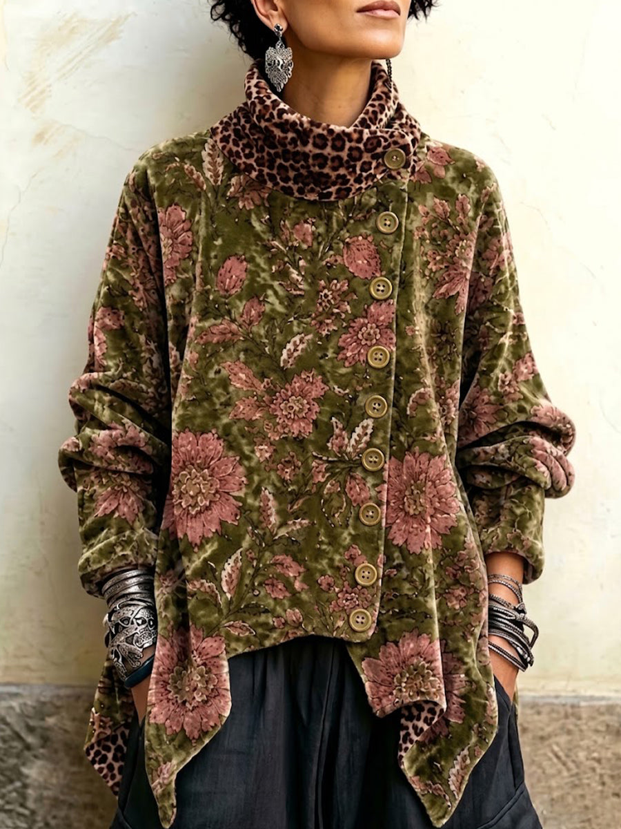 Leopard And Floral Print Velvet Asymmetric Button-front High-neck Top