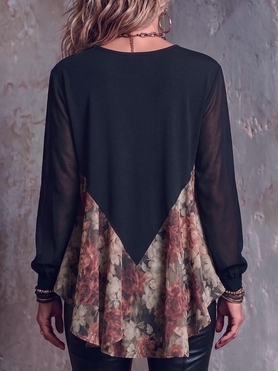 Women's Round Neck Long Sleeve Casual Loose Retro Print Patchwork Pullover