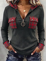 Stylish Plaid-panel Ribbed Hoodie