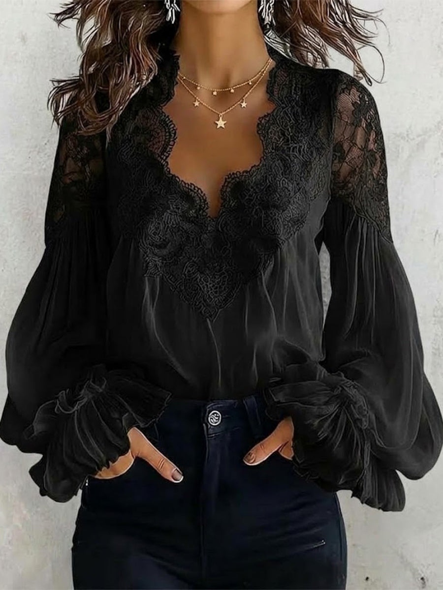 Pleated Shirt With Lace Inserts And Puff Sleeves