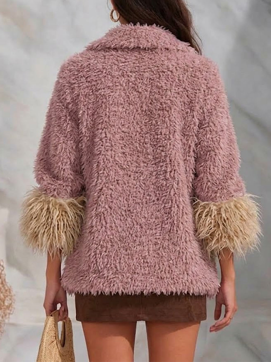 Women's Lapel Color Contrast Cuff Fuzzy Fleece Coat