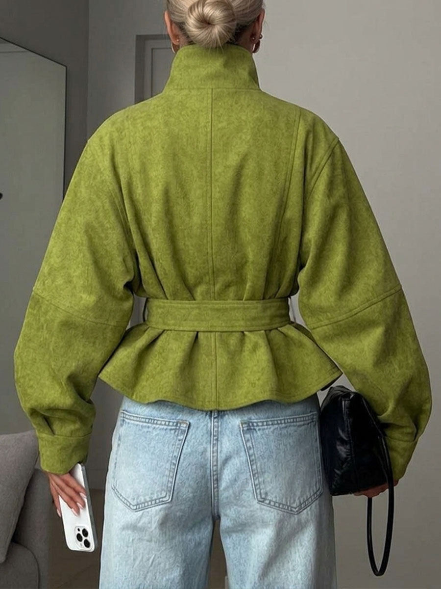 Women's Solid-color Stand-collar Long-sleeve Casual Loose Faux Suede Jacket With Waist-cinching Detail