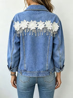 Chic Casual Denim Jacket With 3d Floral Appliqué And Tassels