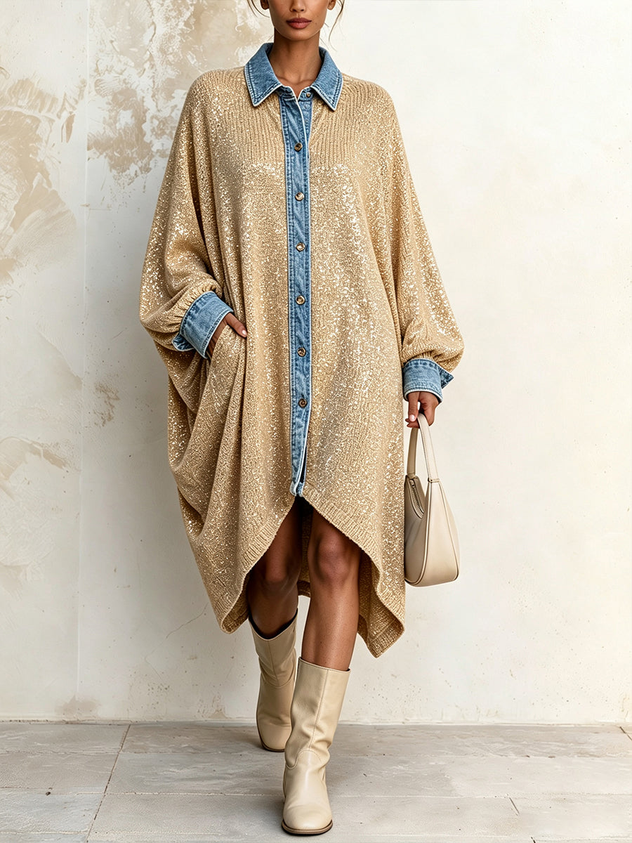 Long Shirt Dress Featuring A Patchwork Of Shimmering Metallic-thread Knit And Denim.