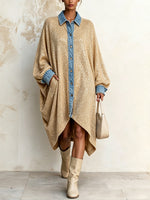 Long Shirt Dress Featuring A Patchwork Of Shimmering Metallic-thread Knit And Denim.