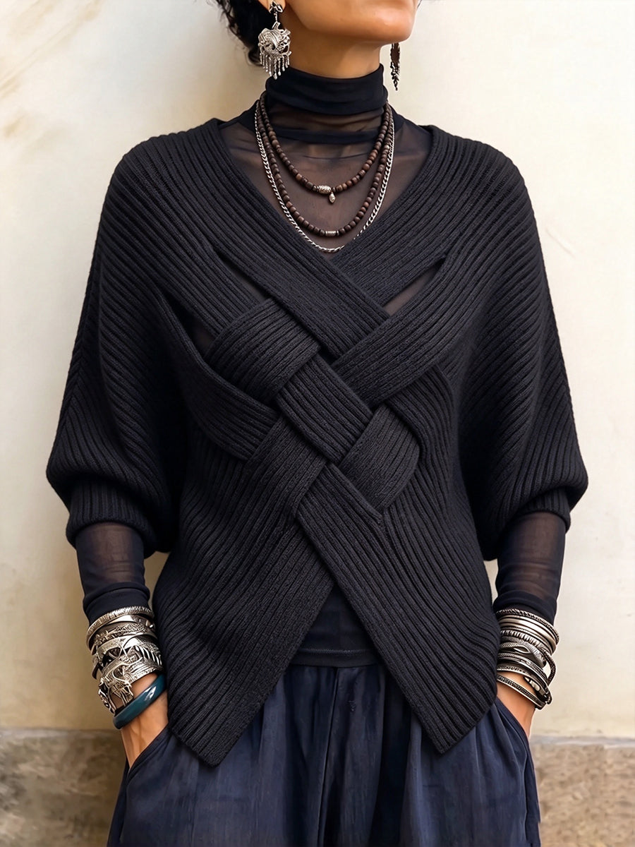 Artistic Interwoven Ribbed Batwing Knit Sweater