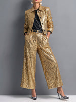Chic Gold Sequin Sparkle Wide-Leg Trousers