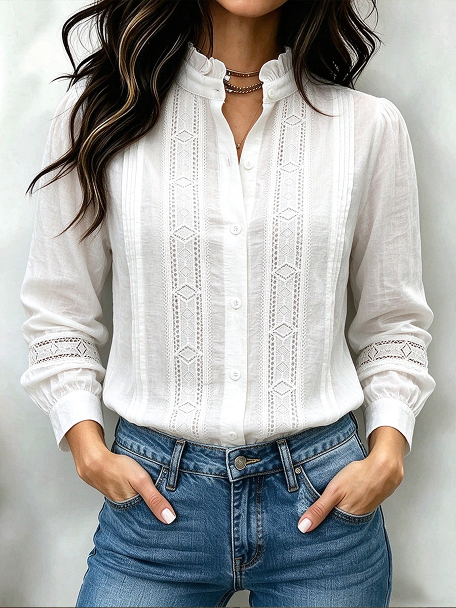Ruffled Collar Lace Embroidered Cotton Blouse