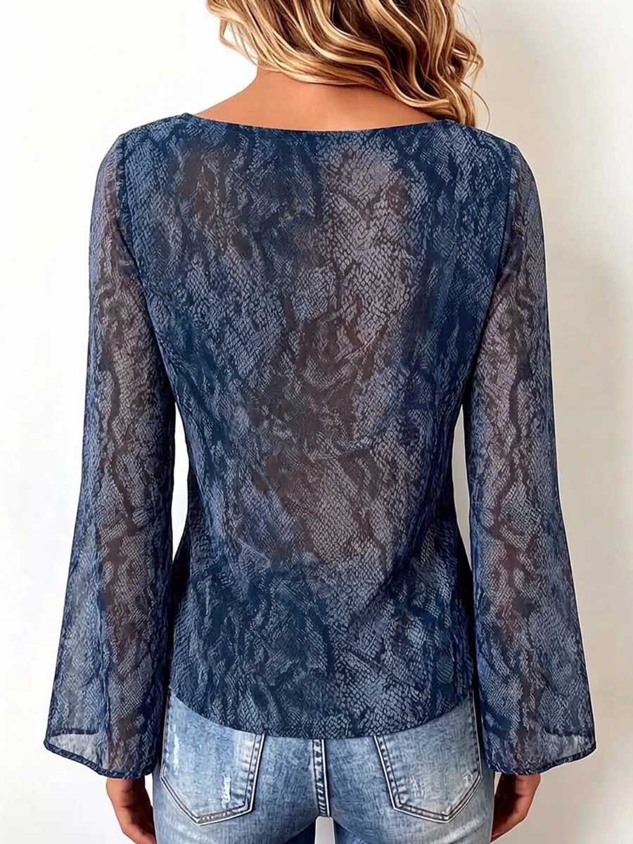 Women's Snakeskin Print Halter Neck Long Sleeve Casual Loose Chiffon Top