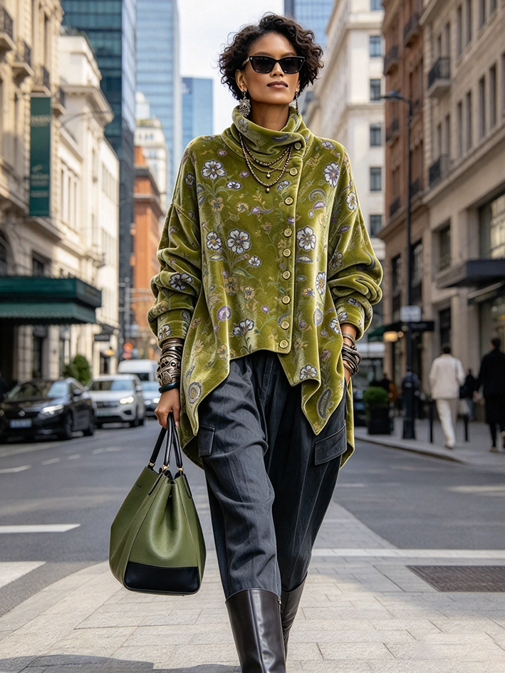 Elegant Floral Print Asymmetric Velvet Top