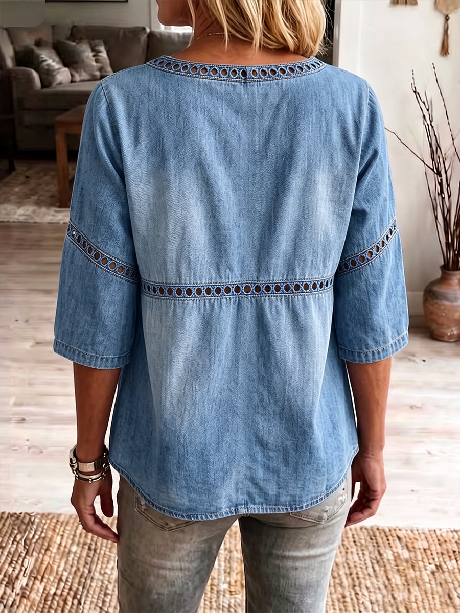 Bohemian Lace Splicing Denim V-neck Tunic Top
