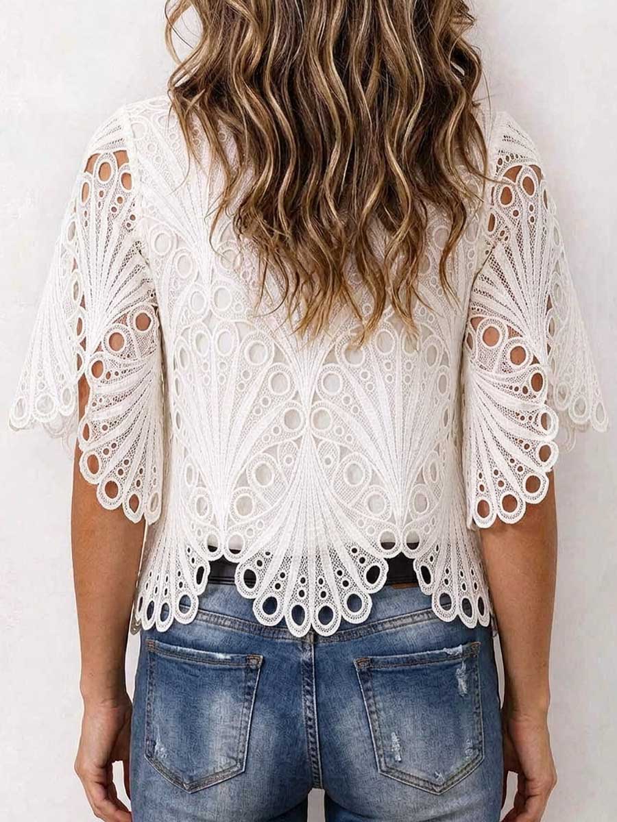 Women's White Hollow-out Floral Lace Short Sleeve Top