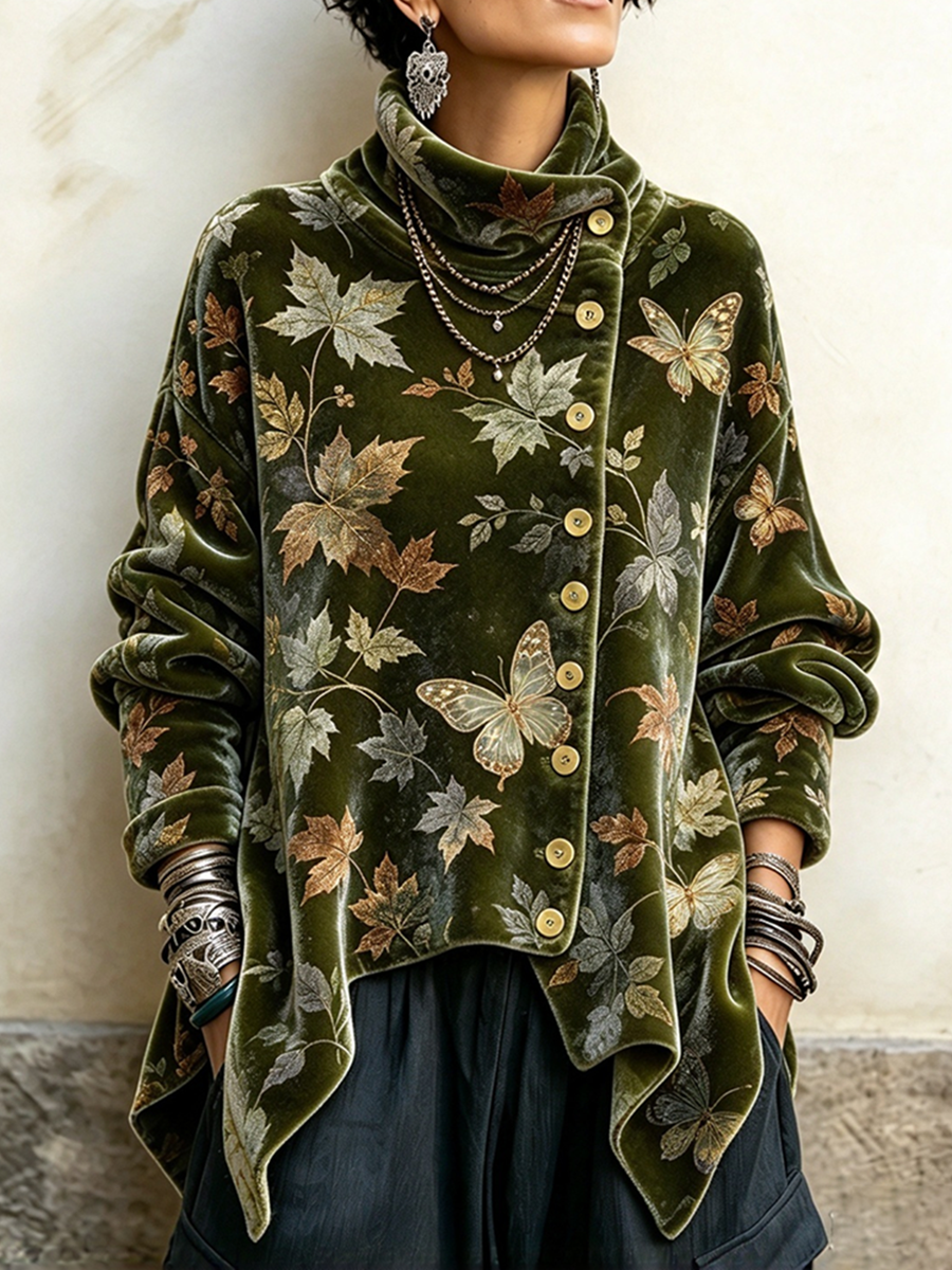 Relaxed Leaf And Butterfly Printed Asymmetric Velvet Top