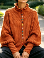 Vibrant Ruffled Turtleneck Sweater With Colorful Rainbow Buttons