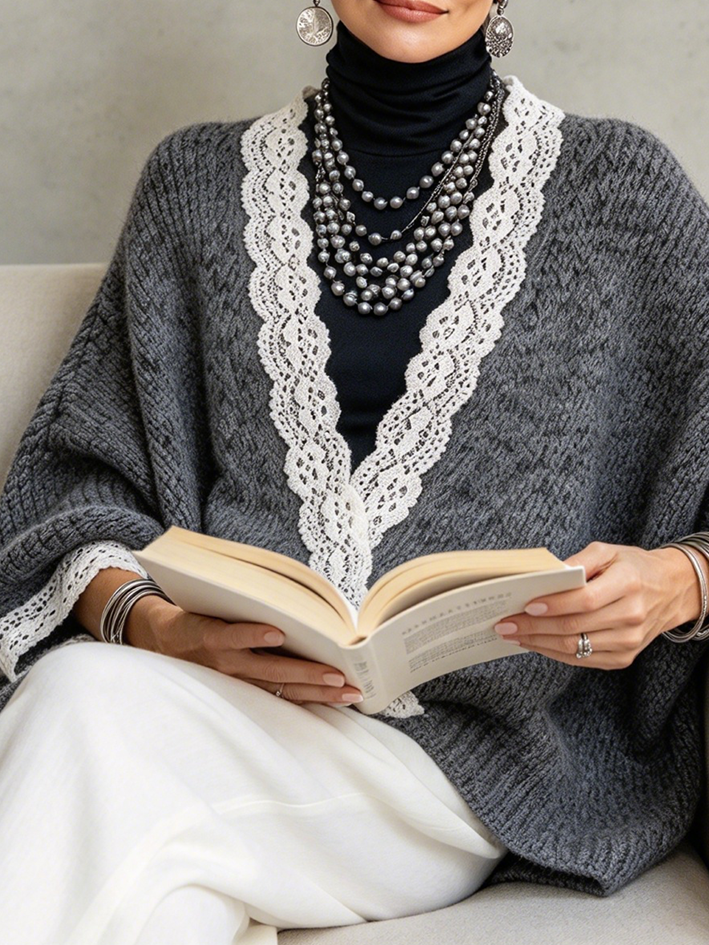 Cozy Relaxed Vintage Lace Trimmed Knit Sweater