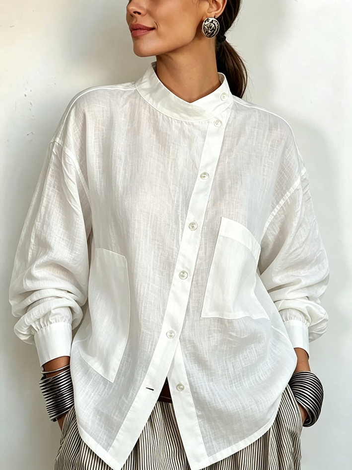 Edge Asymmetric Textured White Blouse
