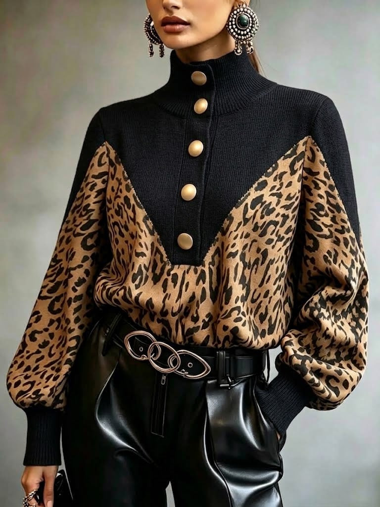 Chic Leopard-print Top With Woven And Knit Paneling