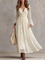 V-neck Lace Maxi Dress With Flared Long Sleeves