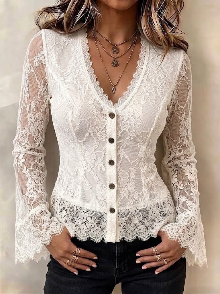 Fitted V-neck Lace Top With Flared Sleeves