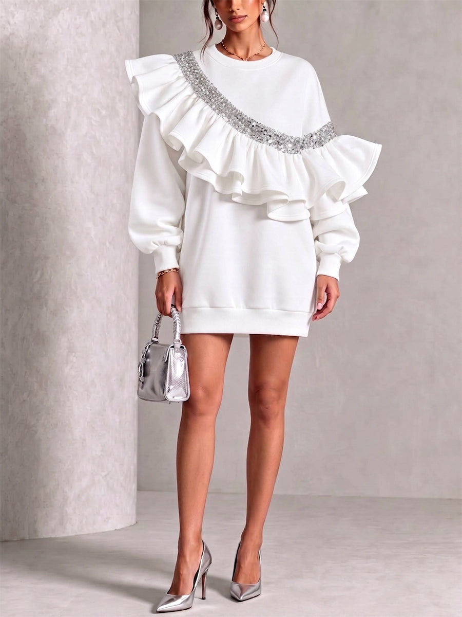 Glamorous Sequin Ruffled Oversize Sweatshirt Mini Dress