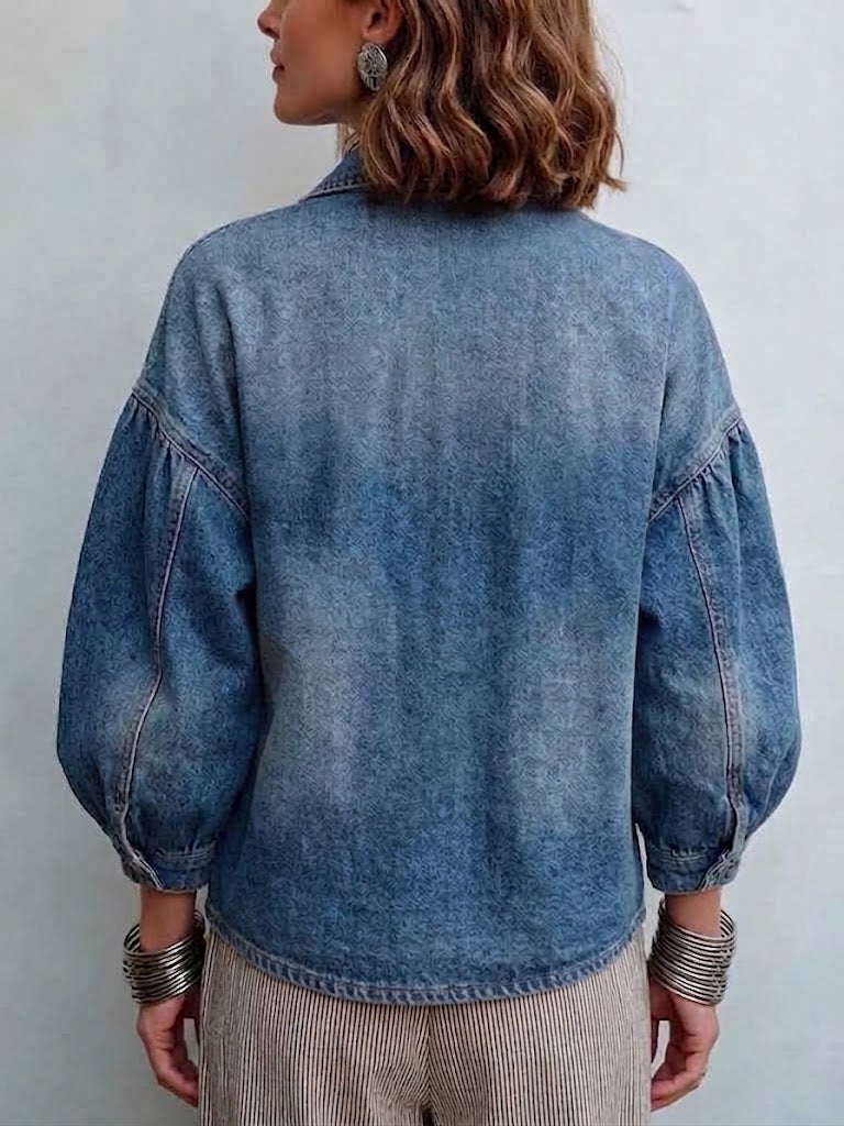 Asymmetrical Slant Gold Button Lantern Sleeve Denim Jacket
