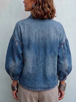Asymmetrical Slant Gold Button Lantern Sleeve Denim Jacket