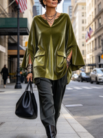 Elegant V-neck Olive Velvet Tunic Top