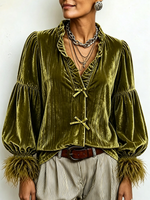 Chic Ruffle Collar Velvet Olive Blouse
