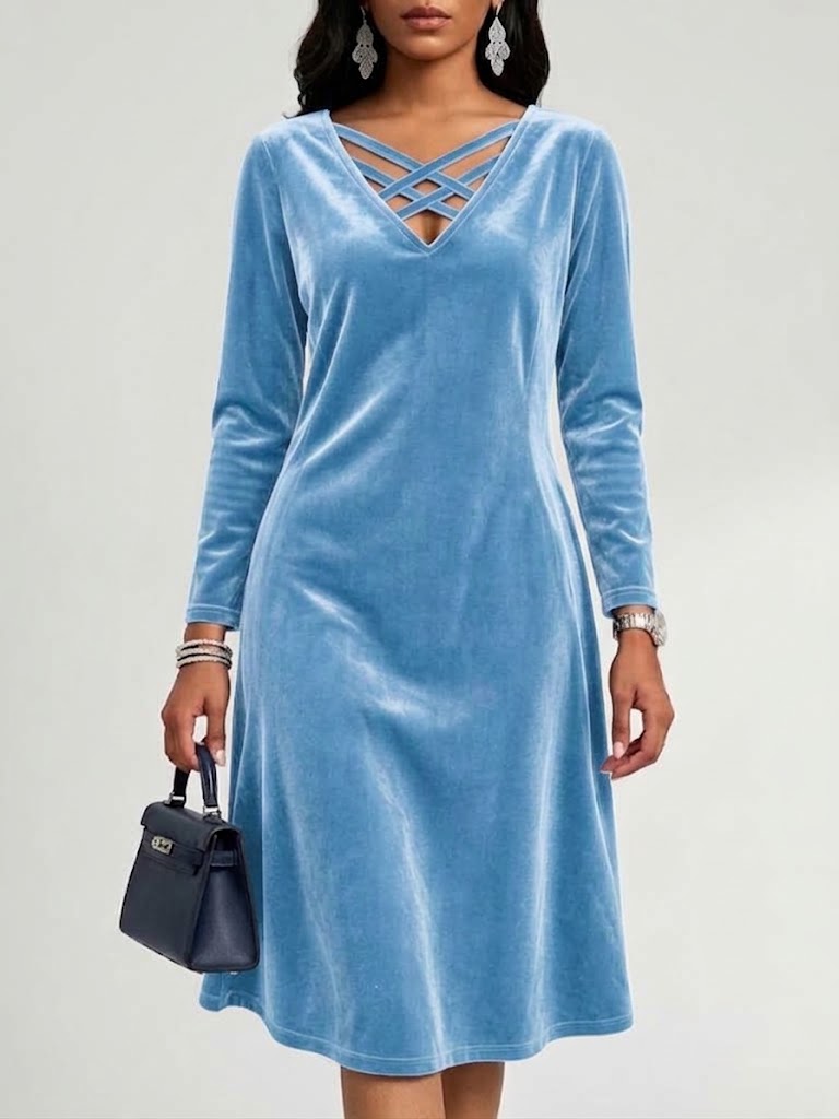 V-neck Crisscross Strap Velvet Long Sleeve Dress