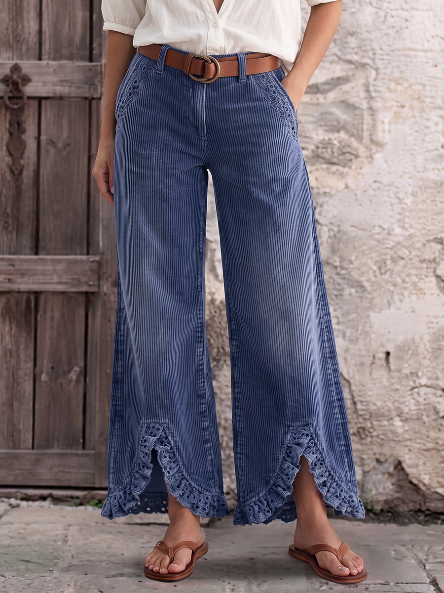 Boho Lace-Trim Corduroy Wide-Leg Pants