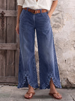 Boho Lace-Trim Corduroy Wide-Leg Pants