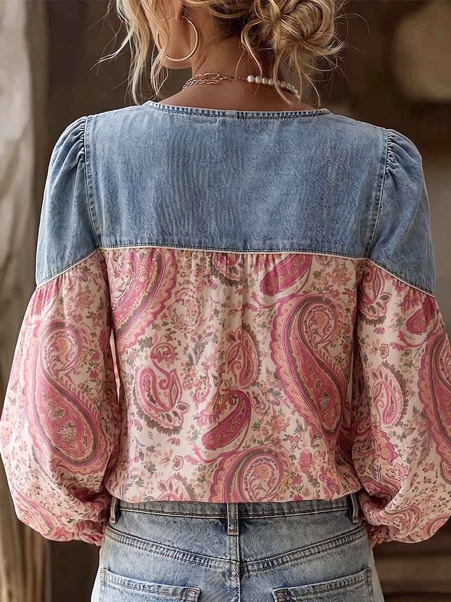 Women's V-neck Long-sleeved Casual Loose Denim Patchwork Retro Print Cotton And Linen Top