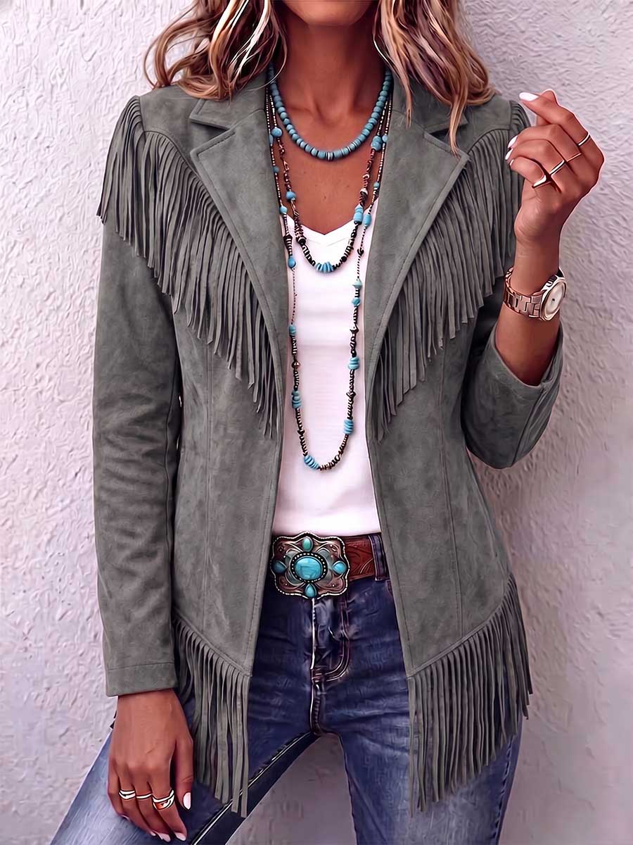 Women's Solid Color Lapel Long-sleeved Casual Loose Tassel Jacket